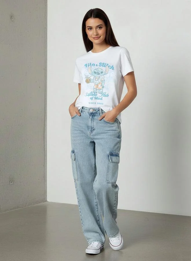 SP Characters Cotton T-shirt with Lilo and Stitch Print